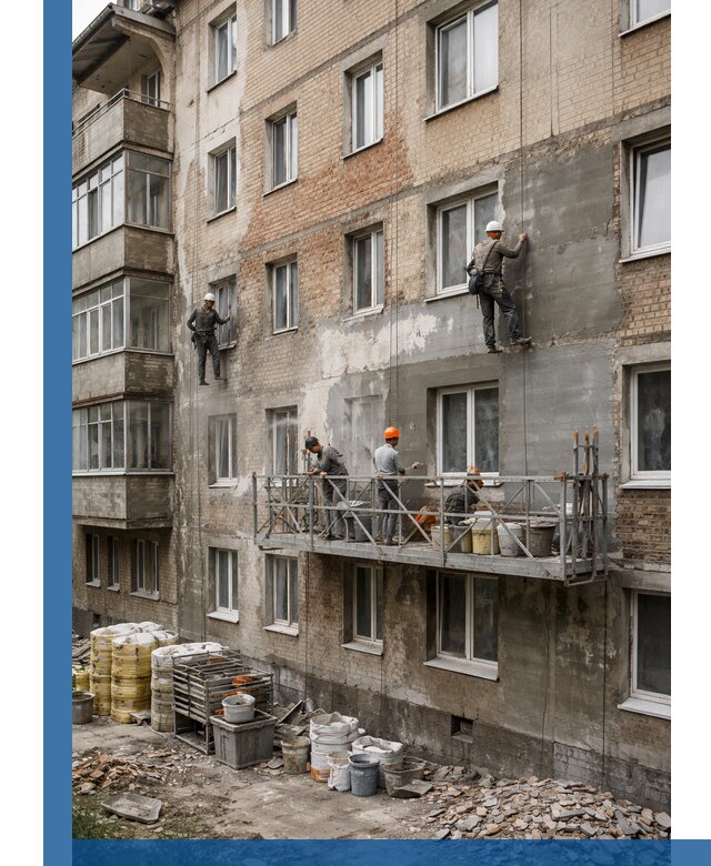 Капитальный ремонт фасада в Похвистневе с восстановлением и гидроизоляцией