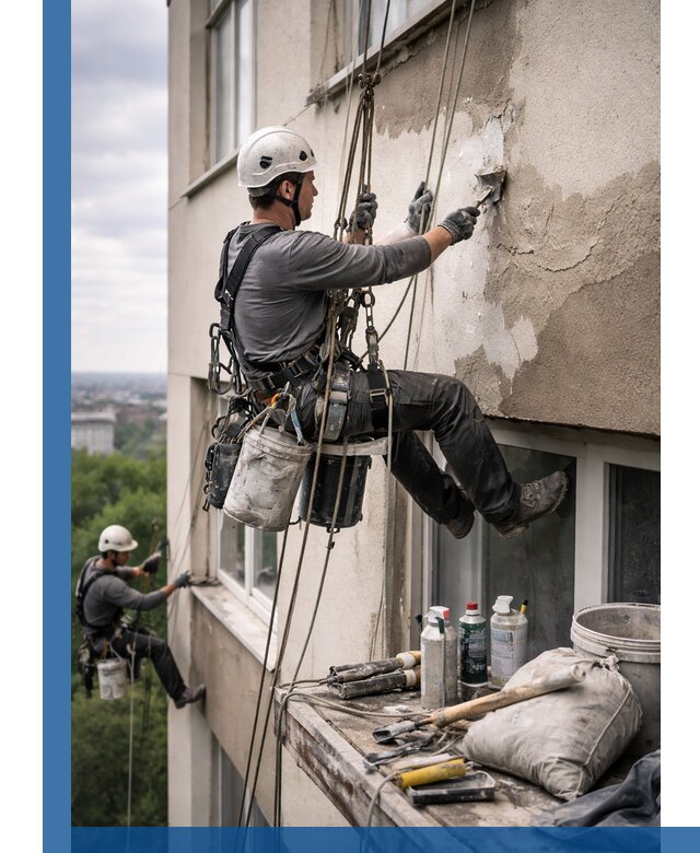 Косметический ремонт фасада зданий в Похвистневе промышленными альпинистами