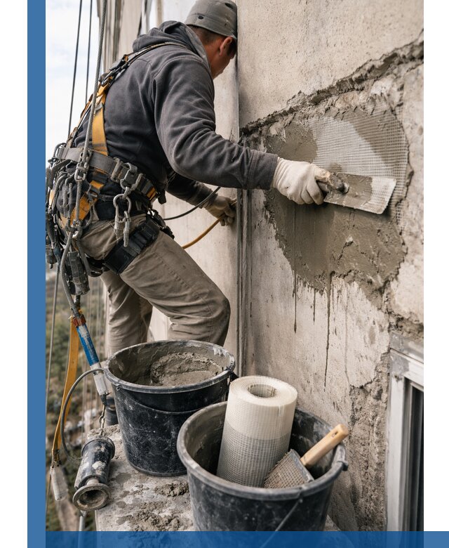 Ремонт бетонных элементов фасада промышленными альпинистами в Похвистневе