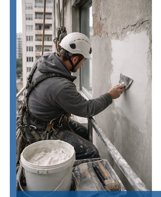 Шпаклевка фасадов на высоте с промальпинистами в Похвистневе