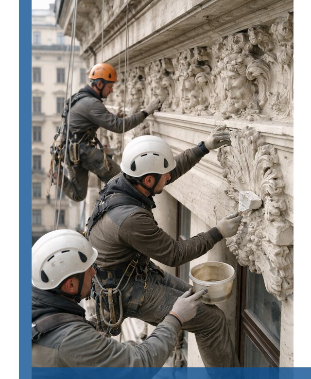 Реставрация фасадной лепнины с высотными работами в Похвистневе