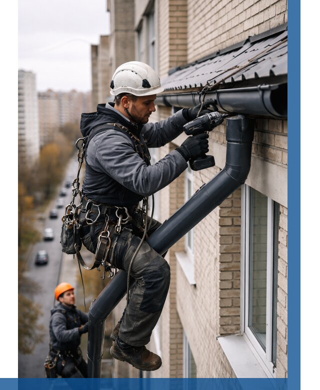 Монтаж водосточной системы на здании в Похвистневе от 5126 р. | ВЫСОТНИК-Пхв