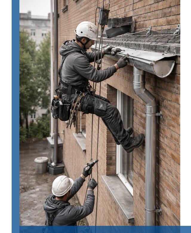 Монтаж водосточной системы на здании в Похвистневе под ключ