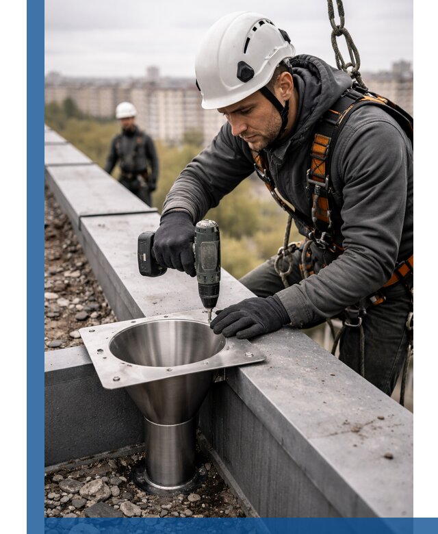 Монтаж водосточных воронок в Похвистневе для промышленных зданий