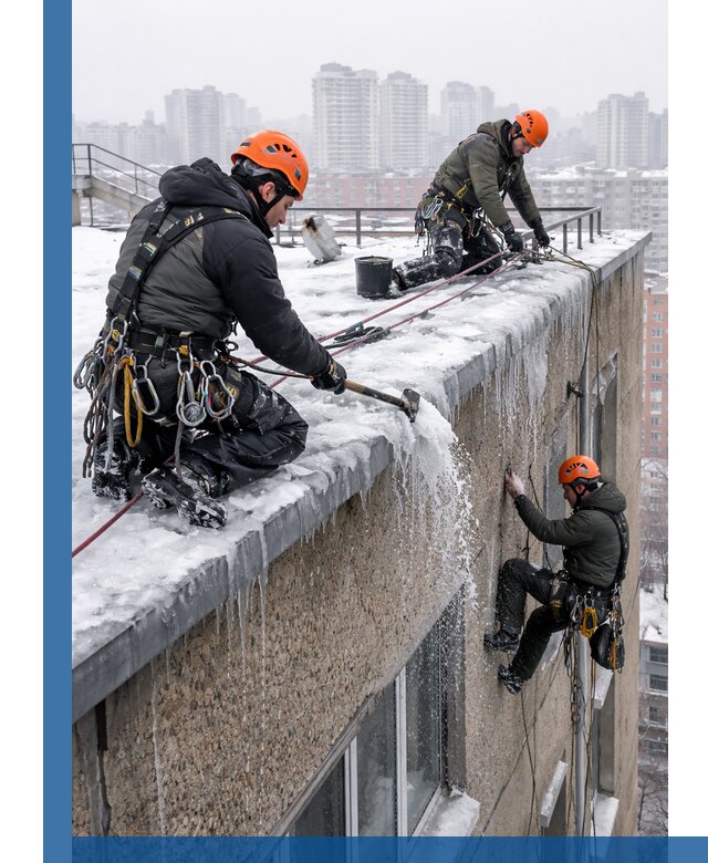 Удаление наледи с кровли в Похвистневе промышленными альпинистами