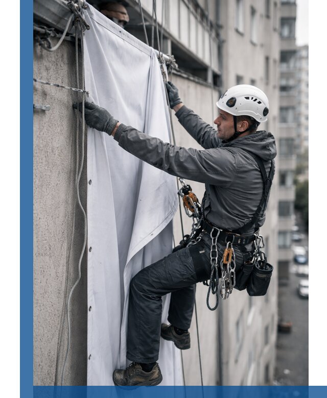 Замена баннерного полотна промышленными альпинистами в Похвистневе