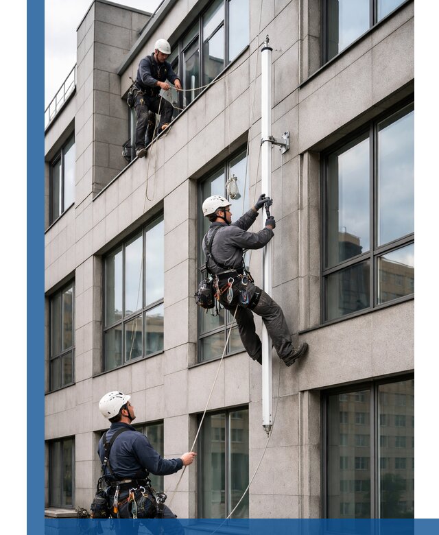 Монтаж флагштока на фасаде здания с креплением и герметикой в Похвистневе