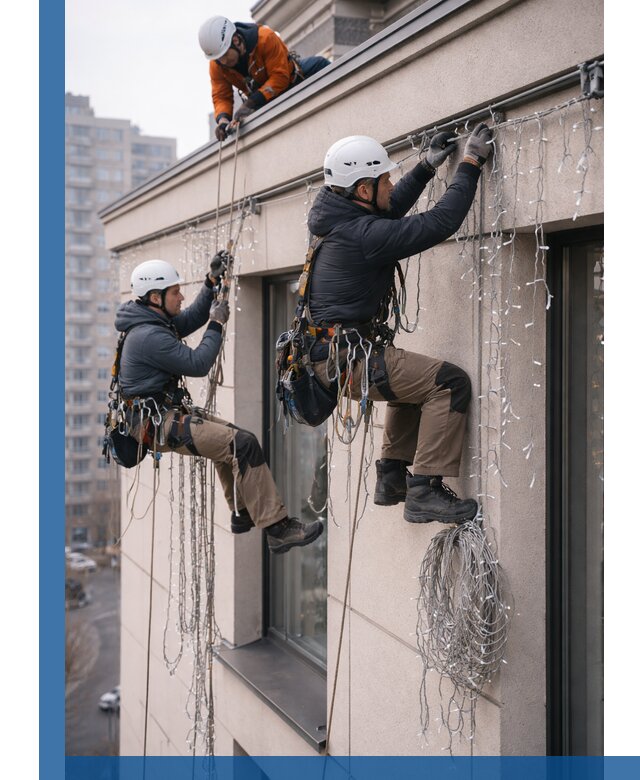 Монтаж праздничных гирлянд на фасаде в Похвистневе для зданий