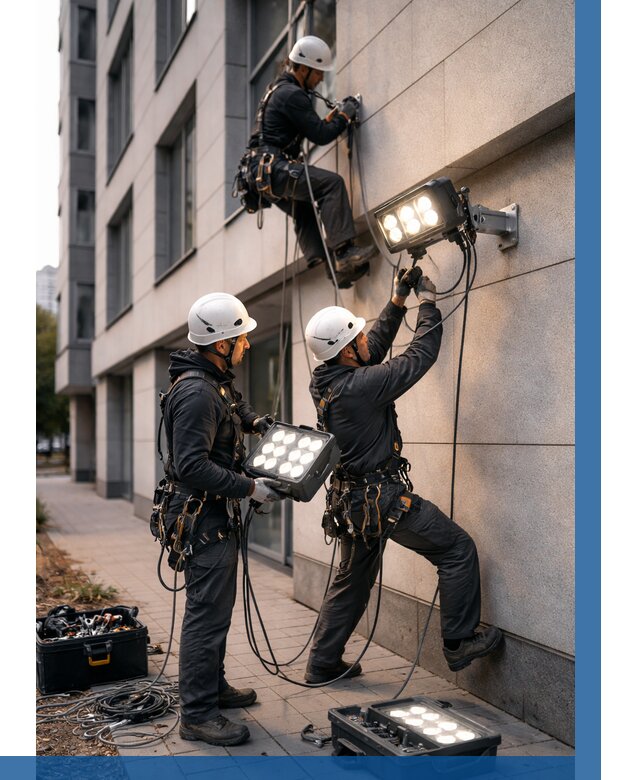 Монтаж прожекторов на фасаде в Похвистневе от 7689 р. | ВЫСОТНИК-Пхв