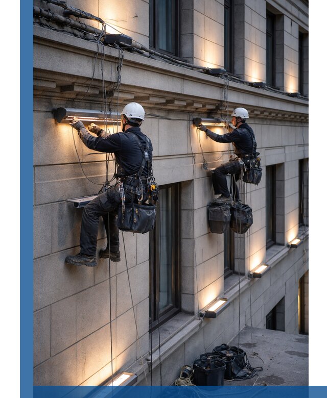 Монтаж архитектурной подсветки фасадов зданий в Похвистневе