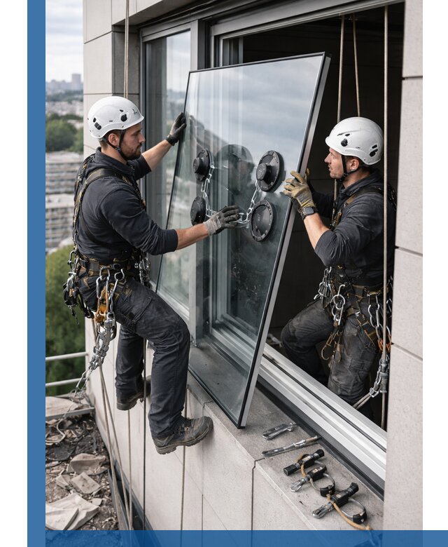 Замена стеклопакетов на высоте с промышленными альпинистами в Похвистневе