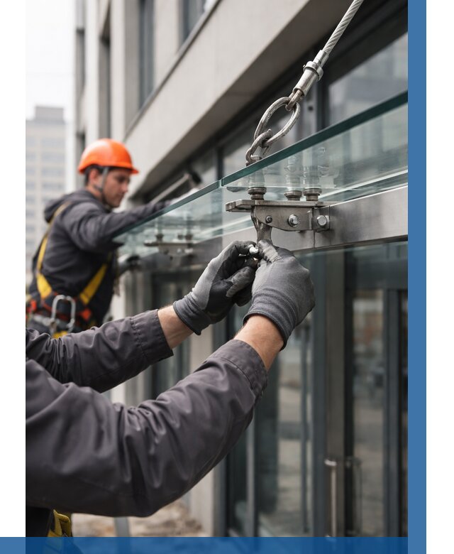 Монтаж стеклянных козырьков в Похвистневе от 8714 р. | ВЫСОТНИК-Пхв