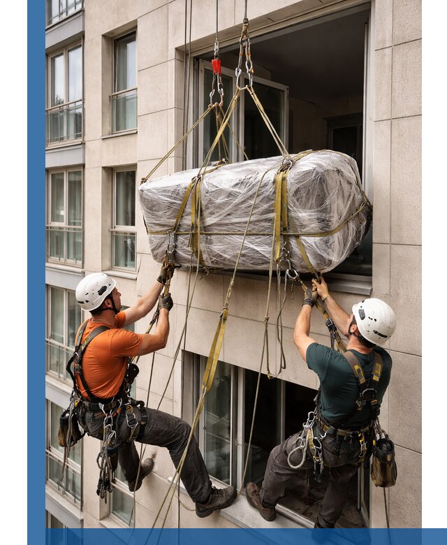 Подъем грузов через окно в Похвистневе промышленными альпинистами