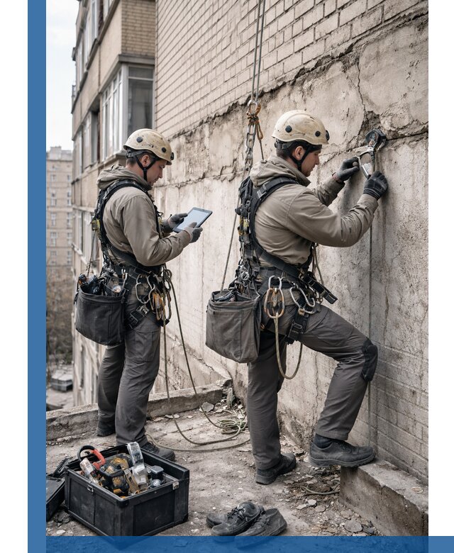 Обследование фасада промышленными альпинистами в Похвистневе